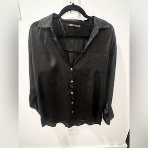 Black satin oversized button down